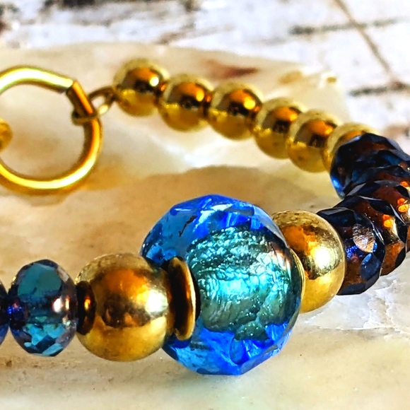 Blue Glass and Gold Beads in Gold Plated Beaded Bracelet - Picture 6 of 6